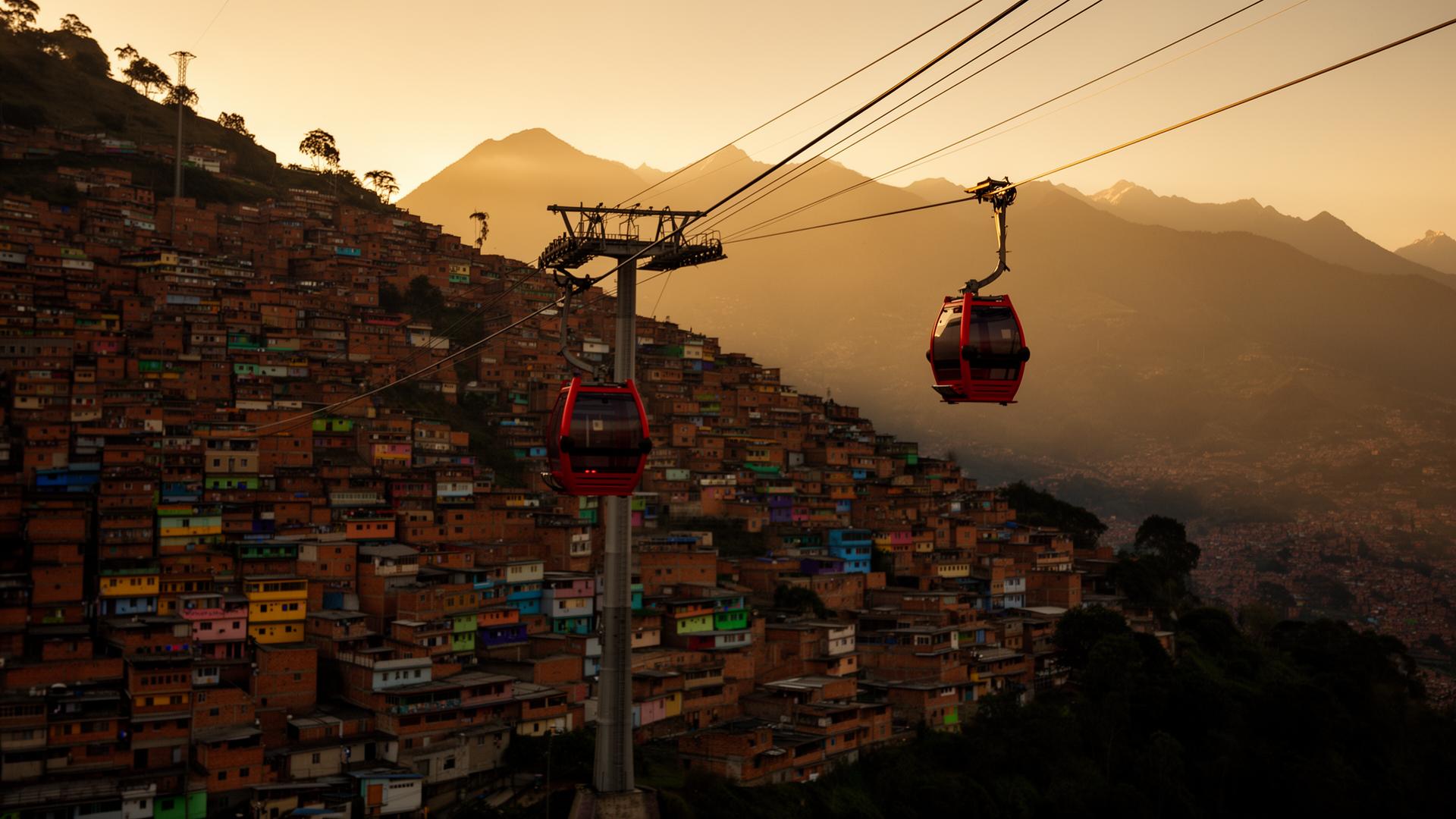 Medellín Metrocable gondolas suspended over a hillside comuna at dusk, with Andean mountains in the distance.